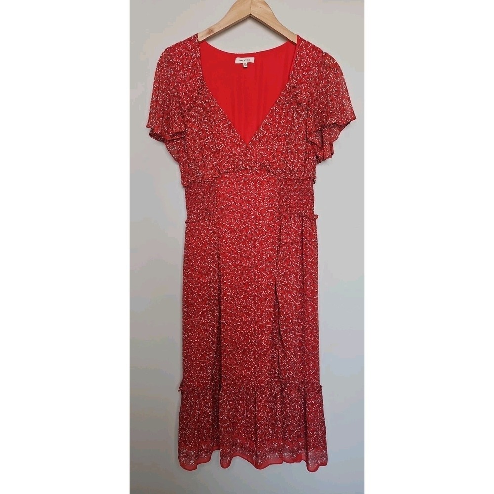 Max Studio Dress M Red Floral Smocked Tiered Boho Prairie Midi CottageCore Fairy - Picture 2 of 15